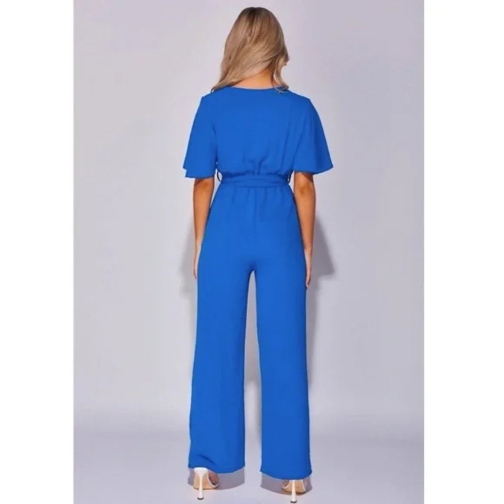 Blue Short Sleeve V-Neck Loose Fit Wide Leg Jumpsuit Playsuit - Picture 3 of 8